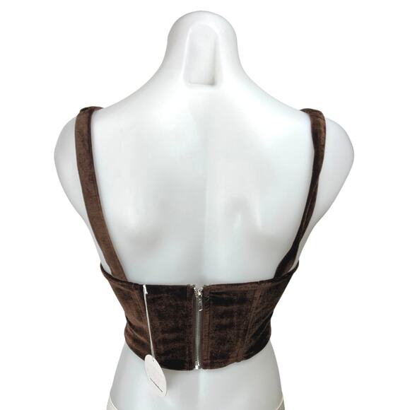 NEW Isalis Brown Velvet Velour Sleeveless Square Neck Corset Crop Tank Top Sz S - Picture 2 of 4